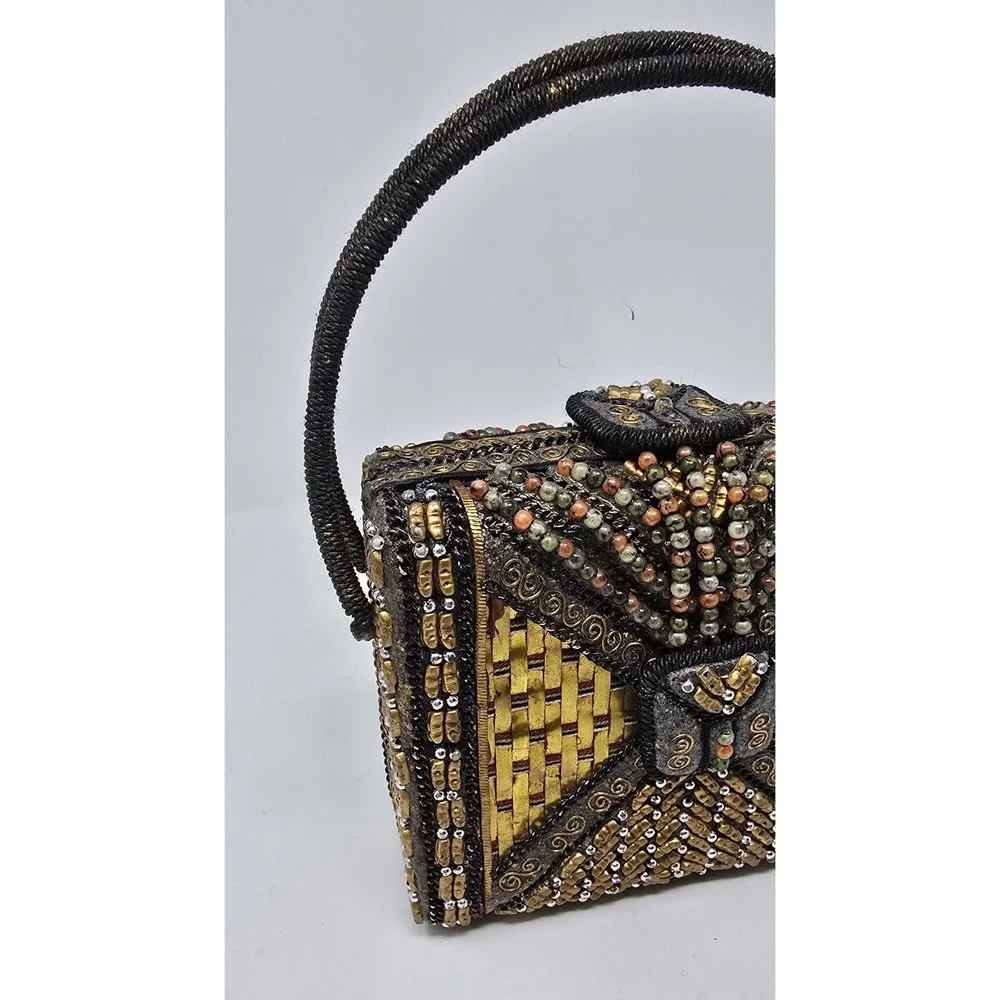 Vintage Mary Frances hard case handbag clutch metallic beaded accents
